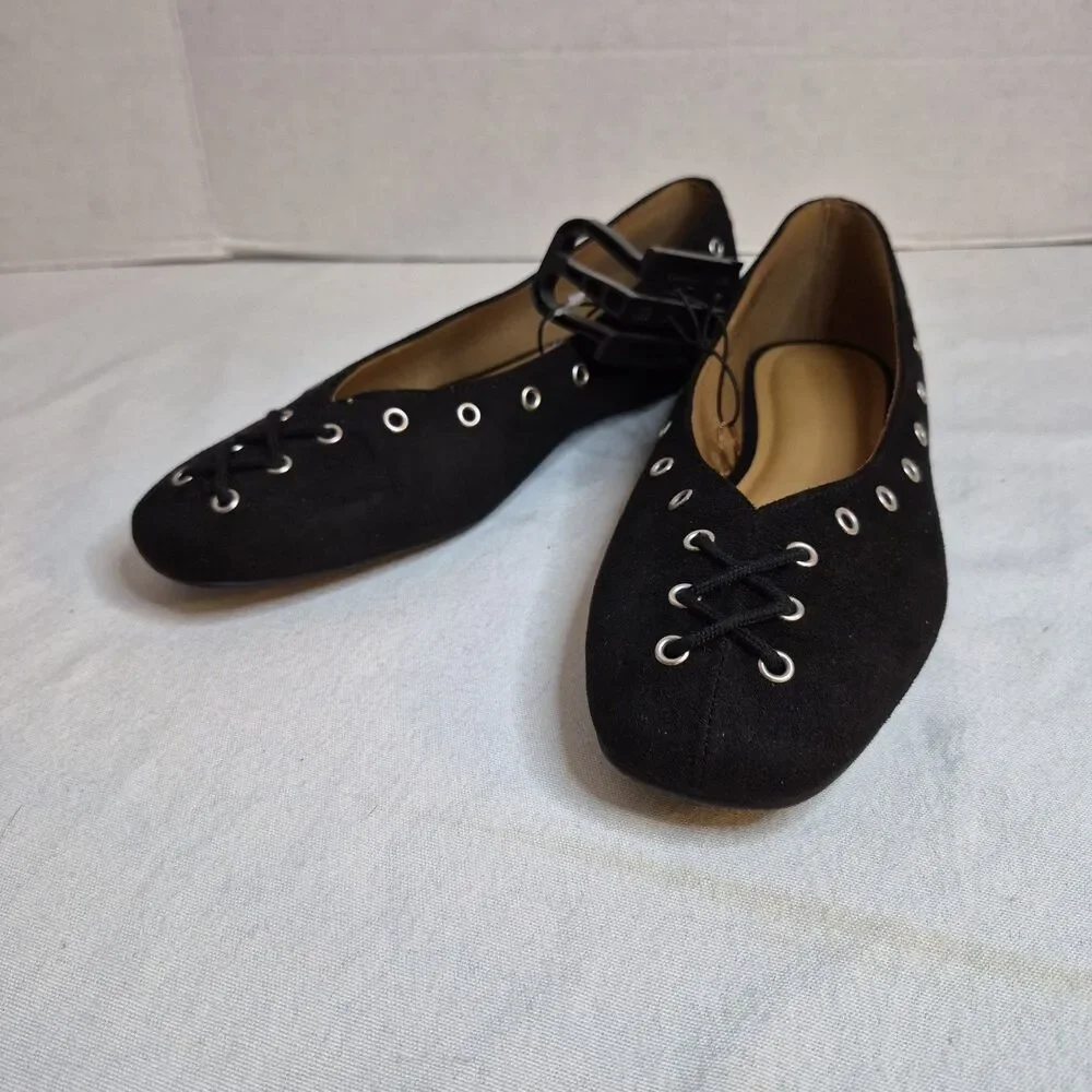 Time And Tru Women's Corset Ballet Flats Size 9 Black Faux Suede  Grommets